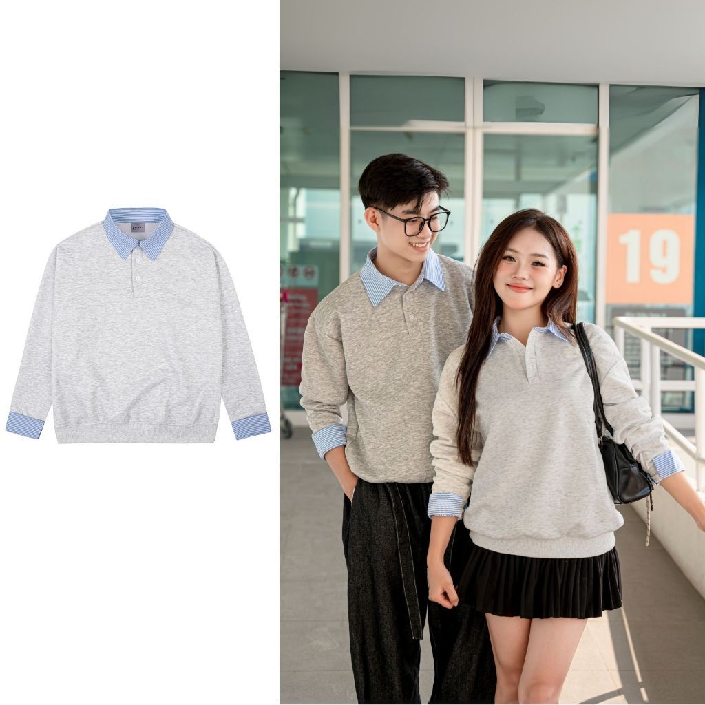 เสื้อกันหนาวชายหญิงคอปก+แขนริ้วฟ้าเทาแต่งกระดุม เสื้อ swt ZON-F รุ่นใหม่