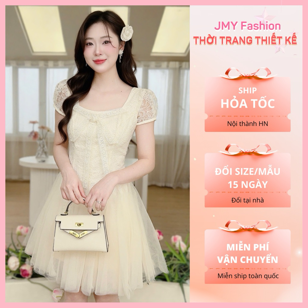 (FIRE) V778 เดรสลูกไม้สีครีมบานสั้นคอเหลี่ยมและแขนตาข่าย [TH HA LE]