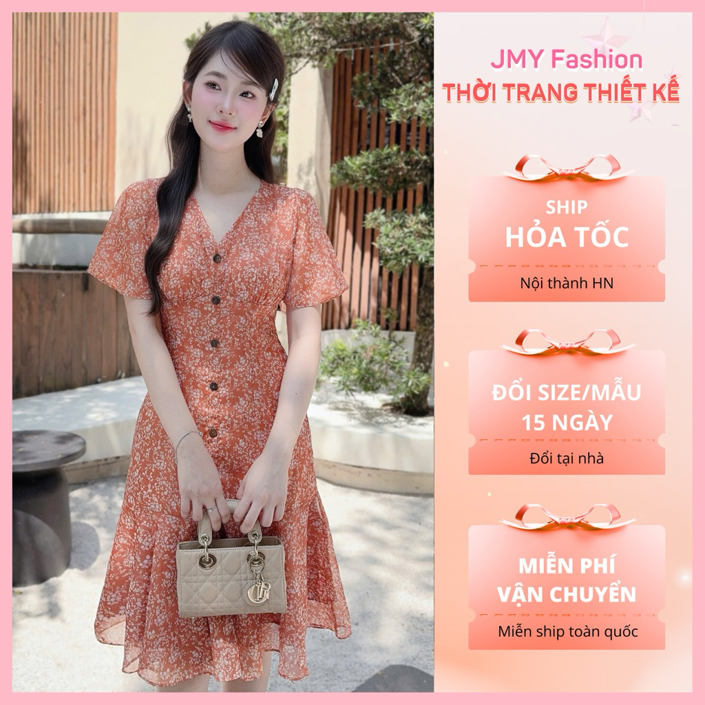 (FIRE) V745, RC822 ชุดเดรสลายดอกสีส้มหางปลาผู้หญิง V คอ [TH HA LE]