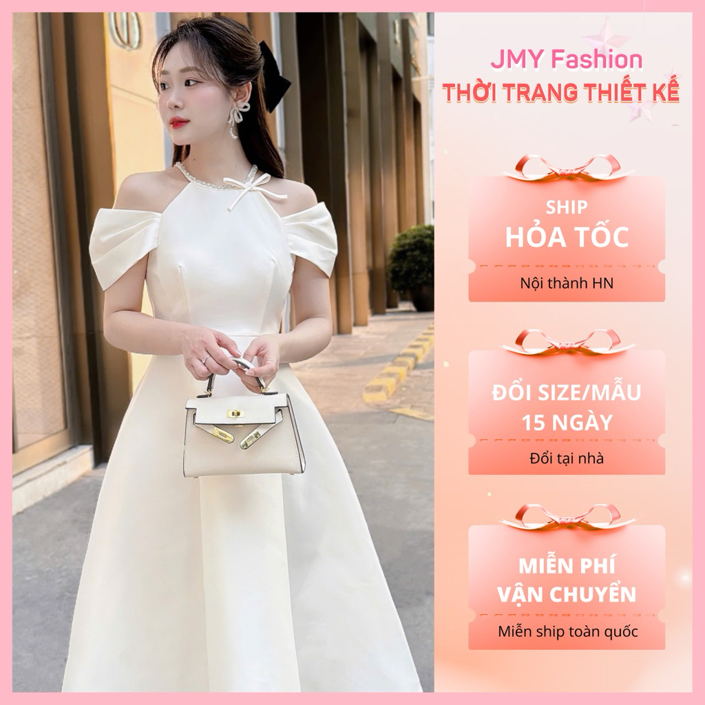 (FIRE) V618, RC678 เดรสครีมปาดไหล่สุดหรูคล้องคอ [TH HA LE]