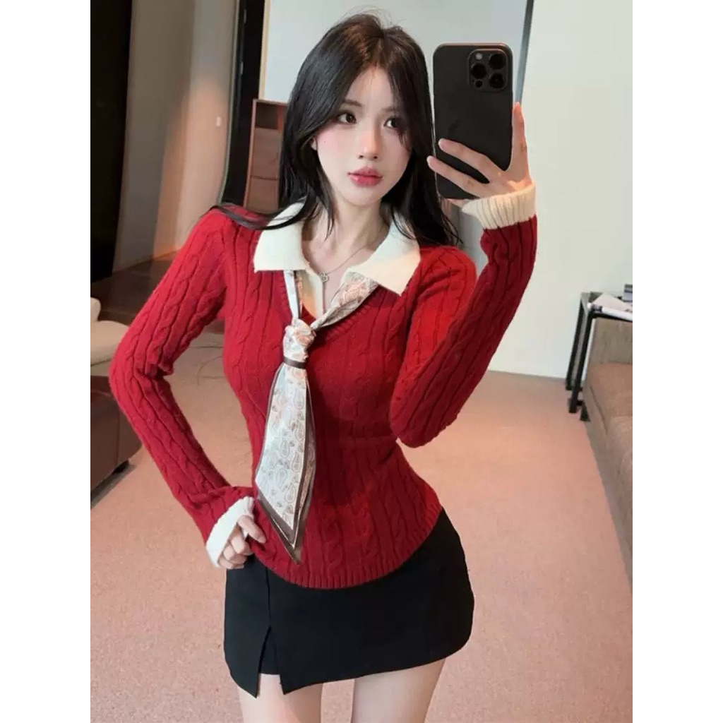 POLO สเวตเตอร์ผ้าถักคอปกพร้อมผ้าพันคอไหมสไตล์ HQ