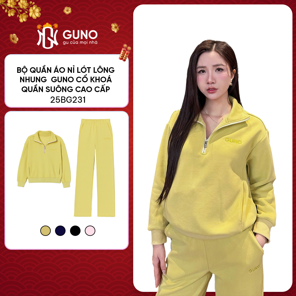 GUNO ผู้หญิงกํามะหยี่ Fur-Lined ขนแกะชุดคุณภาพสูง Warm Zipper Collar ปักโลโก้กางเกงตรง SP5 25BG231