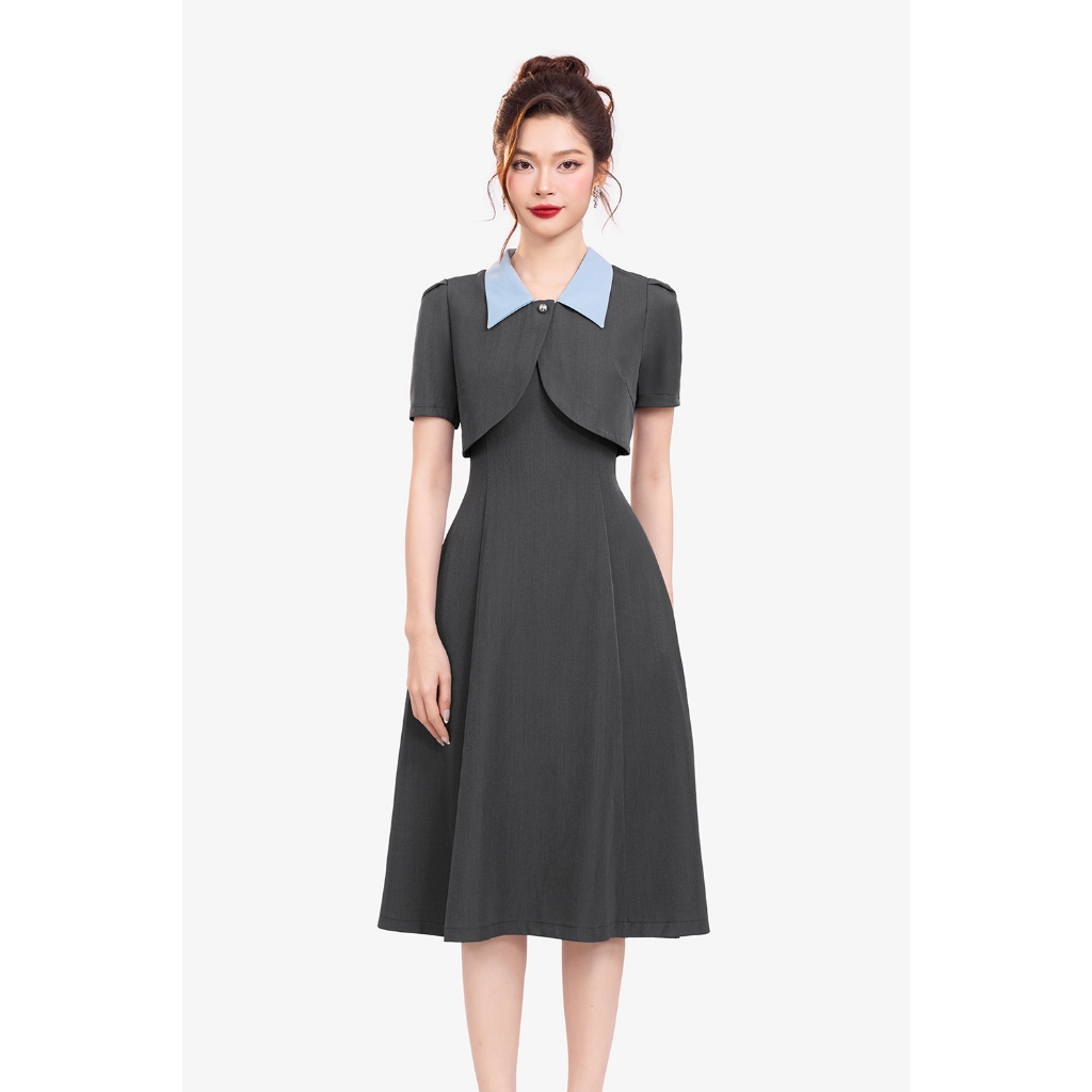 เดรสสวิงคอปกเชิ้ตสีน้ําเงินเทียม K&K FASHION KK179-11 Material Carolan Boi