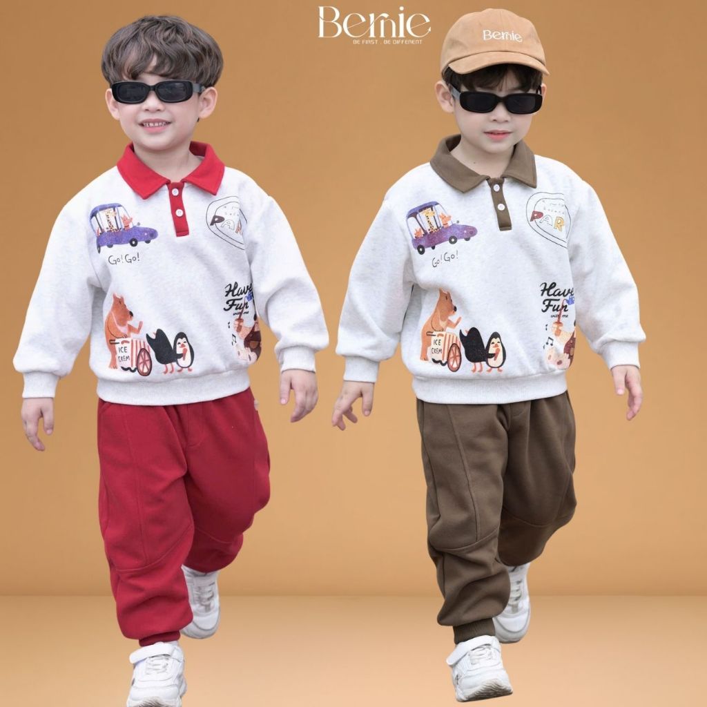 เซตเสื้อยืดลายสักหลาดแขนยาว 2skin และกางเกง BEAR สําหรับเด็กผู้ชาย ไซส์ 9 ถึง 25kg BERNIE H1025B79