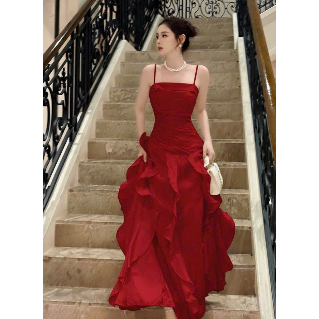 BECHIC เดรสยาวจับจีบสองสาย – ชุดออกงานงานแต่งงาน