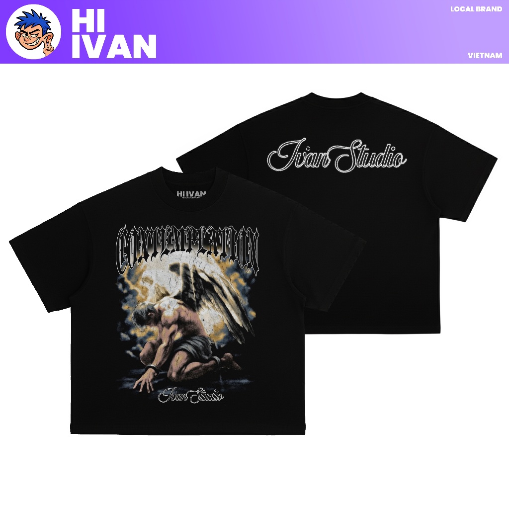 เสื้อยืด Boxy สําหรับผู้ชายและผู้หญิง Hi Ivan รุ่น "Fallen Angel" Cotton 100% 250gsm
