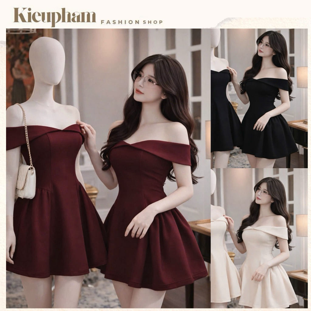 Lady Off-the-Shoulder Party Dress - Elegant Party Flare Dress สีดํา/แดง/ครีม Kieupham.shop