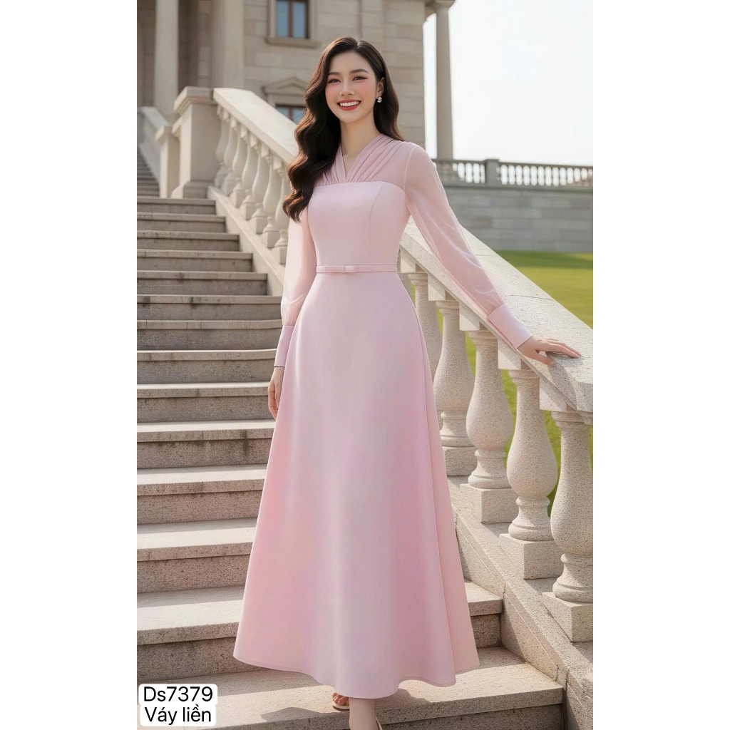 DS7379 - เดรสบานสีชมพูเอวโบว์ ผ้าไหม V คอ - Dolce Viva Collection (DVC/ACC)