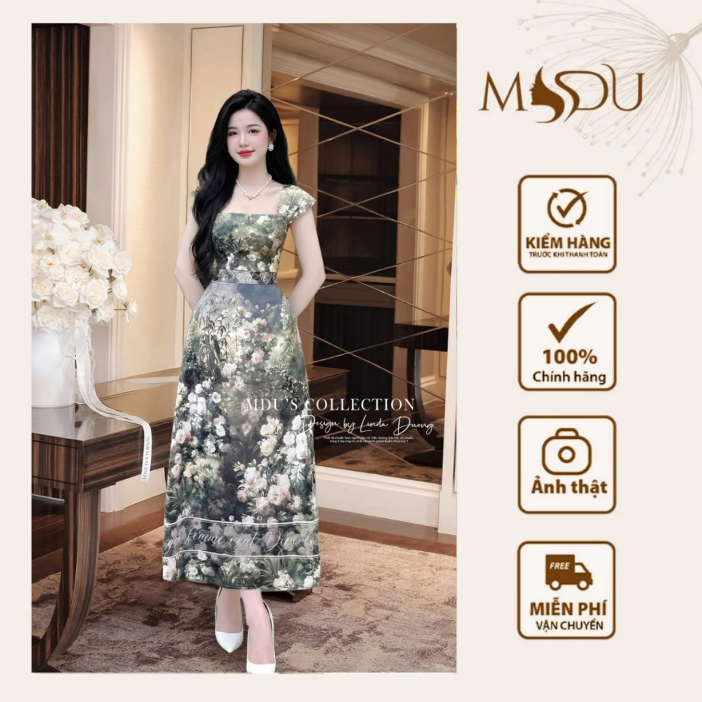 ชุดเดรสมะม่วงอิตาลี MDU4255 ลายดอกไม้แปลกใหม่รูปทรงคอเหลี่ยมประณีตจาก MDU K34-D4-1