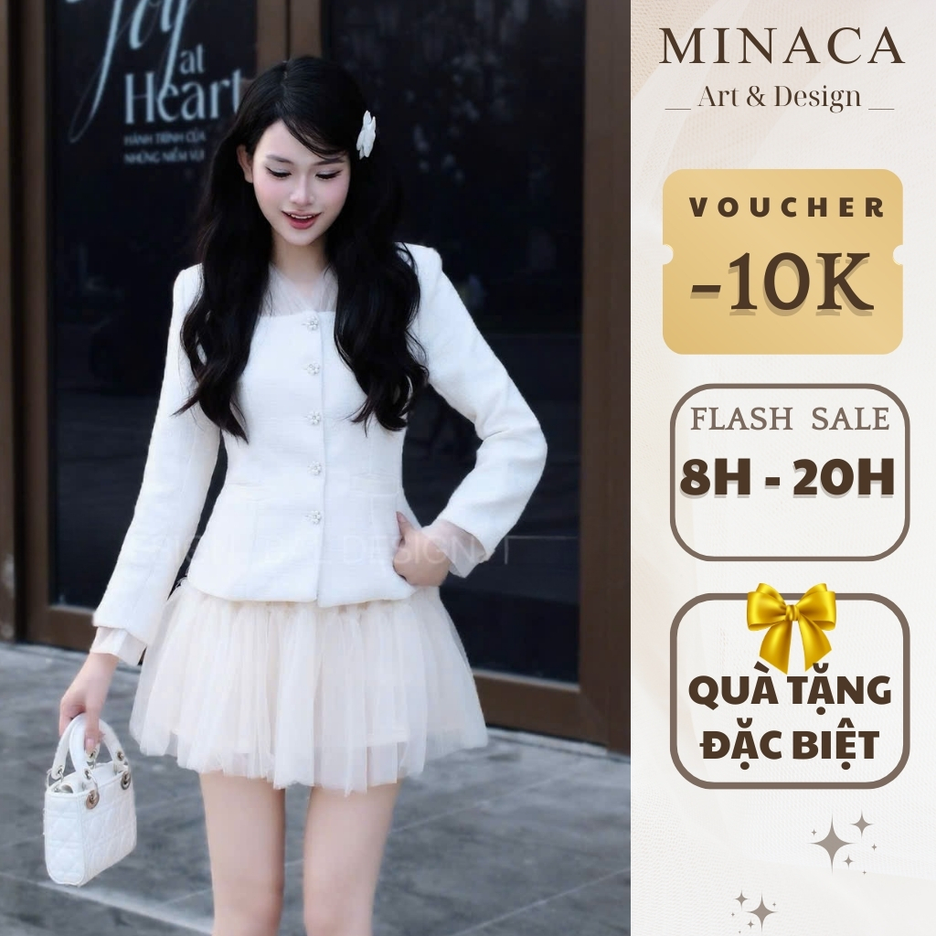 Lady white tweed Set พร้อมกระโปรงชีฟองบานสไตล์เกาหลี MINACA S143