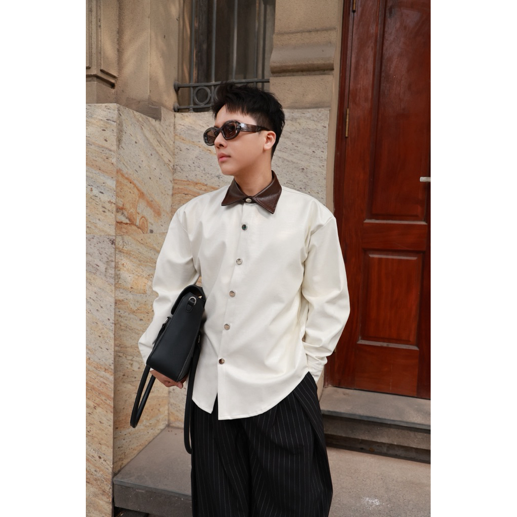 เสื้อเชิ้ตหนังคอปกสีน้ําตาล - BOM.CORNER