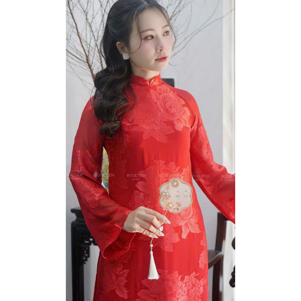 (BO DA SHOP)ผ้าไหมเนื้อนุ่ม ao dai กุหลาบมอนต์ ทรงหลวม แขนบานยาว คอ 2p (AD018)
