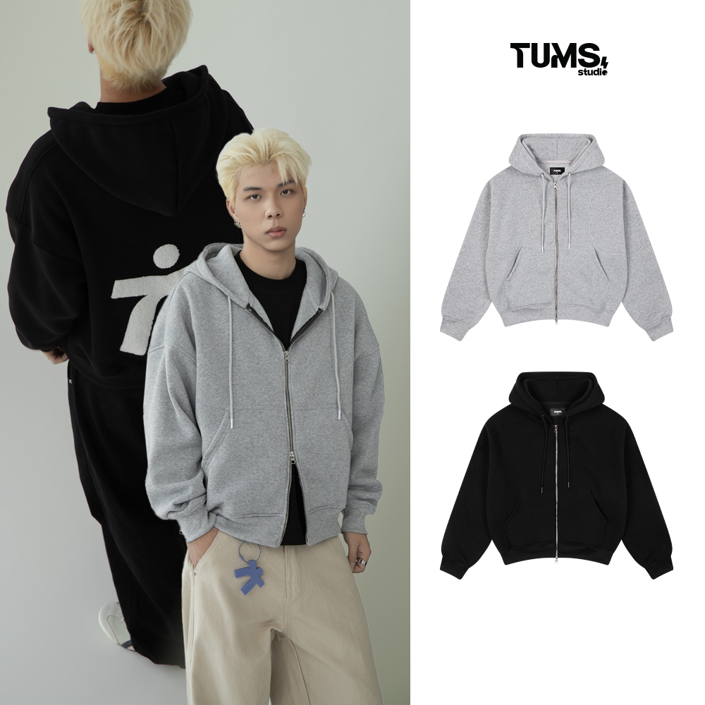 เสื้อแจ็คเก็ต | TUMS CROP ZIPS HOODIE พร้อมผ้าสักหลาดสีดํา/เทา