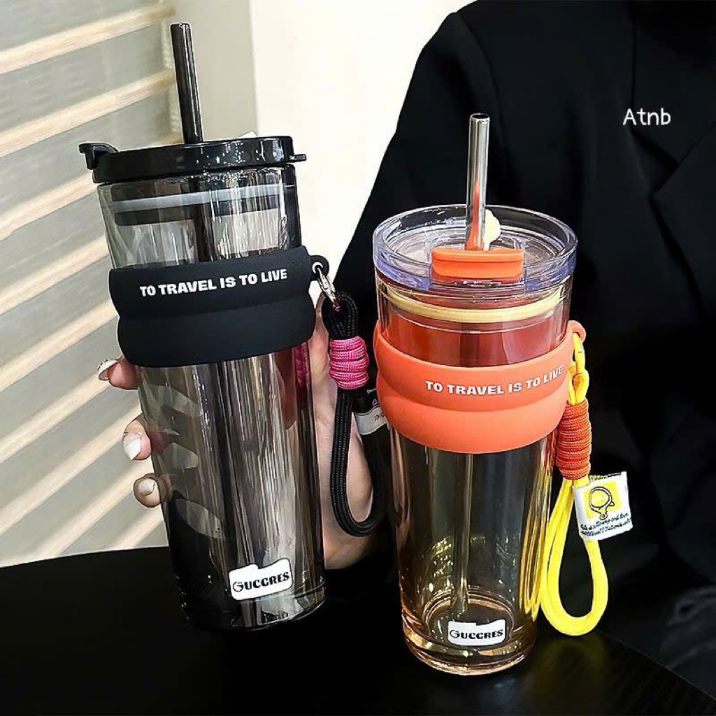ถ้วยแก้วพร้อมฝาซิลิโคนพรีเมียมพร้อมฝาพร้อมหลอด ความจุ 520ml (แบบมีสาย) LS