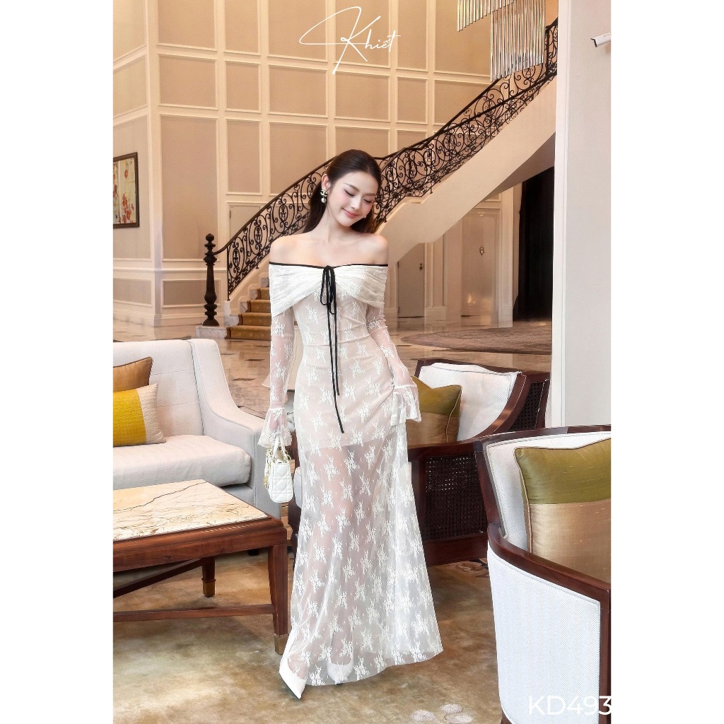 ชุดเดรสปาร์ตี้เปิดไหล่ยาว Kiveet Style พร้อมลูกไม้ลายดอกไม้คุณภาพสูงและผูกโบว์สีดําหรูหรา KD493 - รูปที่ 4