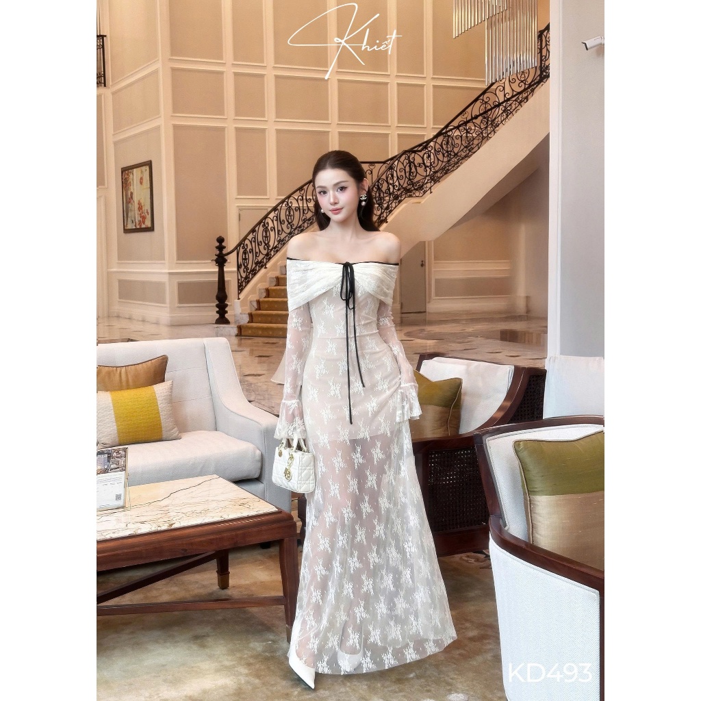 ชุดเดรสปาร์ตี้เปิดไหล่ยาว Kiveet Style พร้อมลูกไม้ลายดอกไม้คุณภาพสูงและผูกโบว์สีดําหรูหรา KD493 - รูปที่ 5