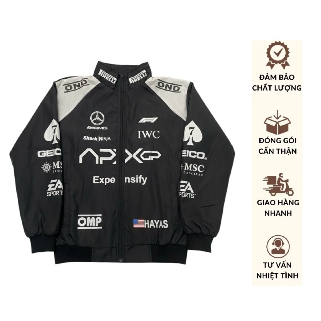 F1 APX GP เสื้อแจ็คเก็ตร่มชูชีพพิมพ์ลายกีฬา 2 สีสีดําและสีขาว