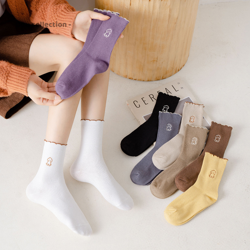 [Painn] ถุงเท้าคอสูง unisex ผ้าคอตตอนเนื้อนุ่มปักลายระบายและขอบคอน่ารัก - รหัส TVC90