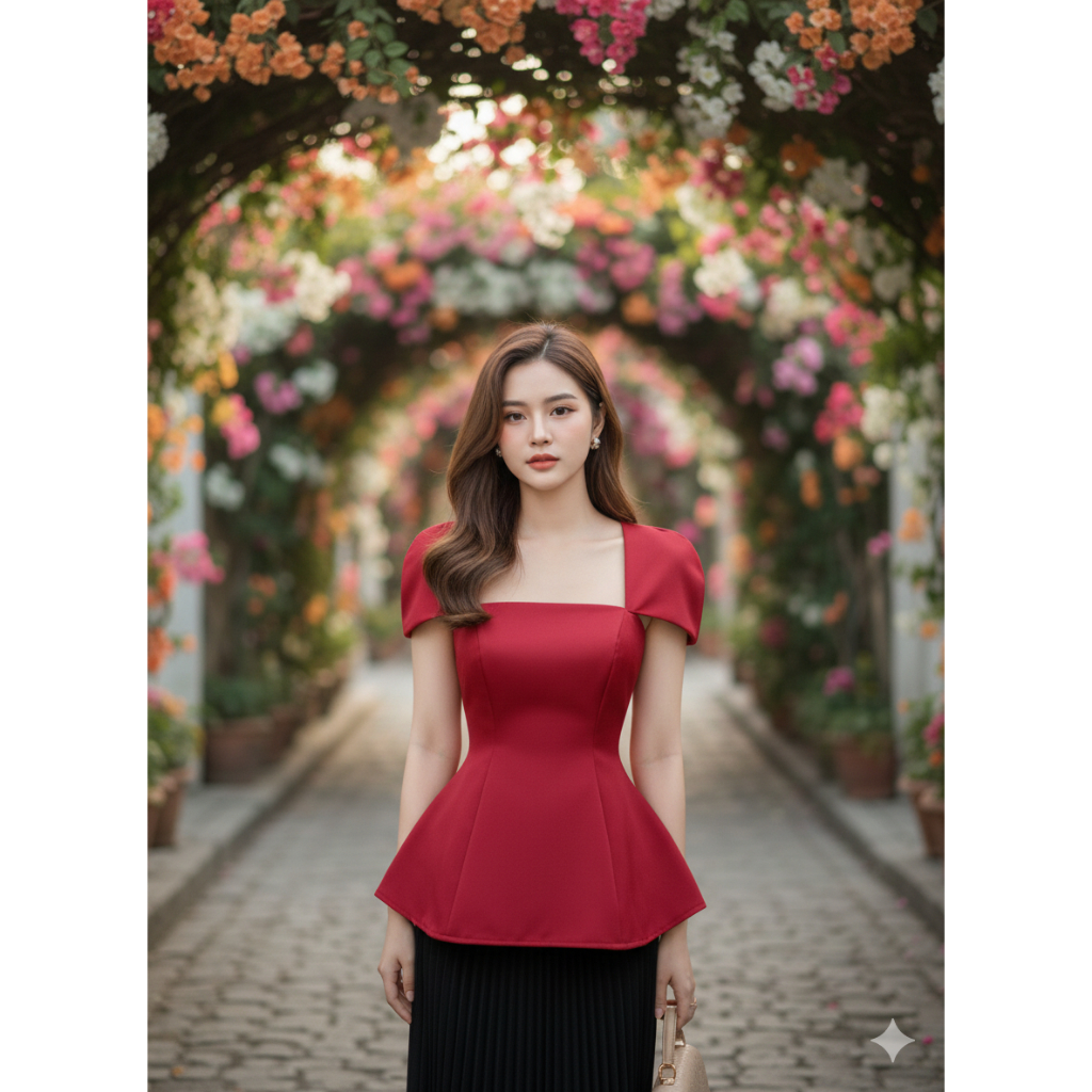 [HCMC EXPRESS] [ภาพจริง] เสื้อเชิ้ต Peppa สุดหรูและเรียบพร้อมคอเหลี่ยมและแขนดอกตูม