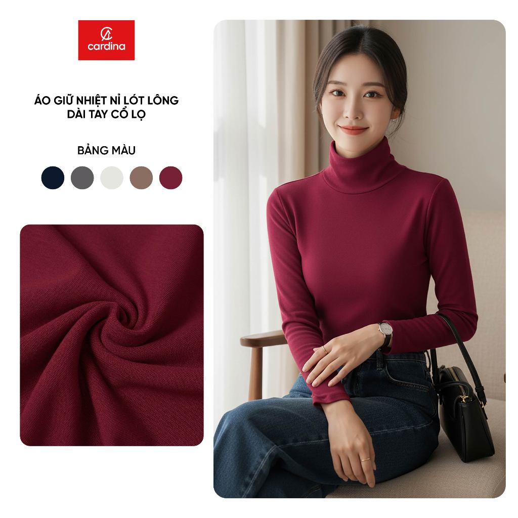 CARDINA เสื้อกันความร้อนผู้หญิงผ้าฟลีซคอเต่าแขนยาว 5AHF08