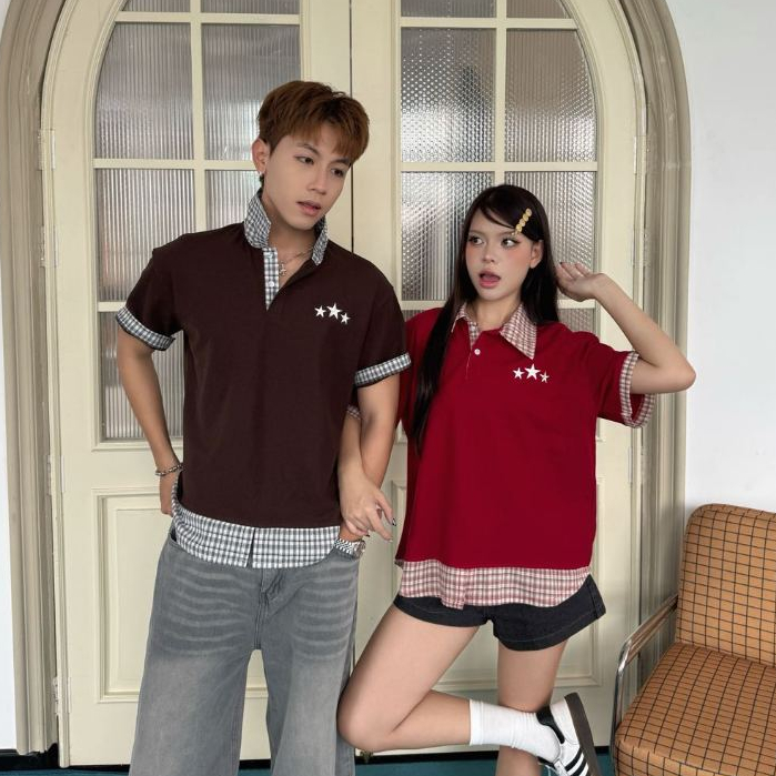 AB HOUSE - โปโลจระเข้ผสมลายตารางหมากรุกปักสําหรับผู้ชายและผู้หญิง