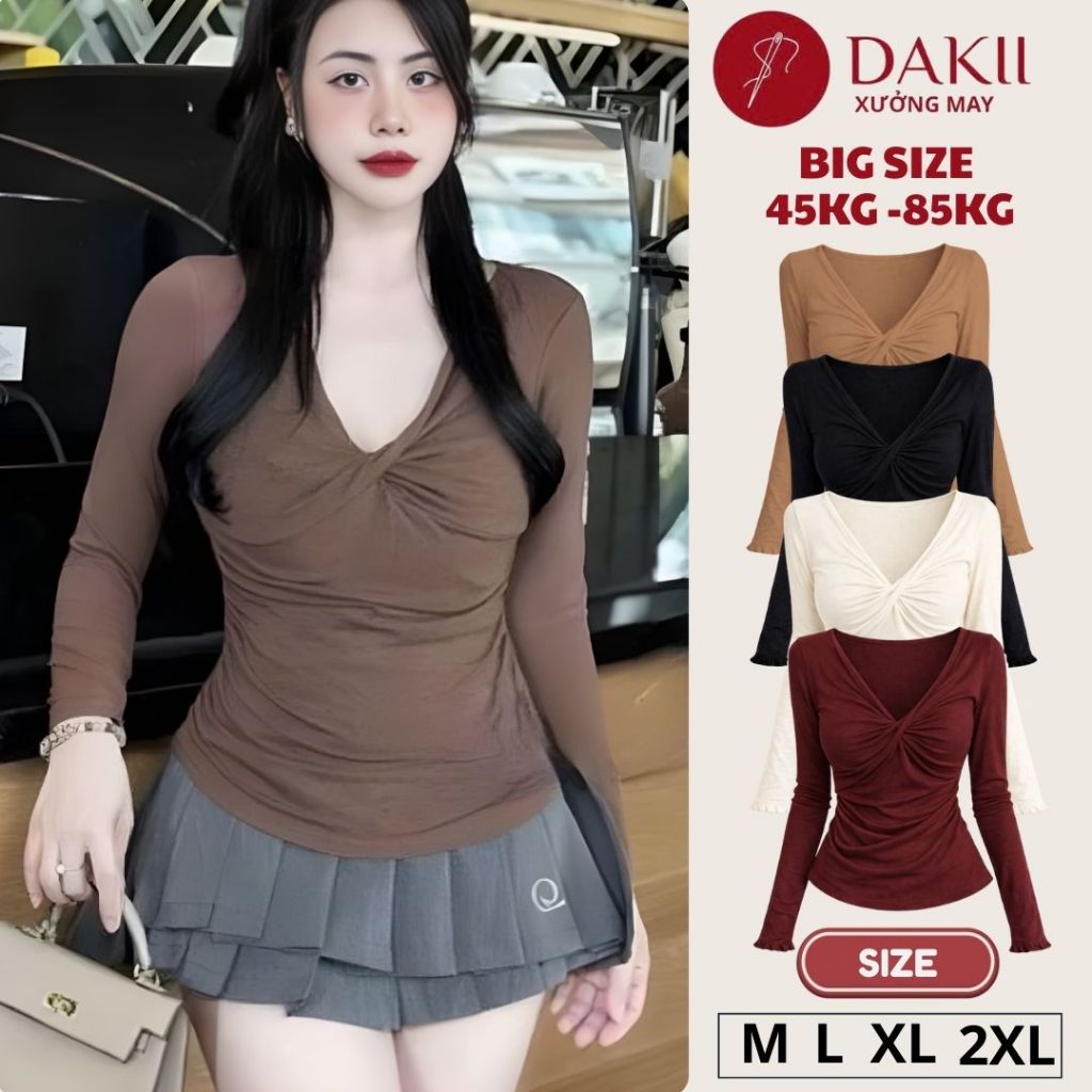 เสื้อยืดแขนยาวผู้หญิงขนาดใหญ่ Twisted V คอ Bodycon ยืดยืดหยุ่น - D85 DAKII Garment Factory