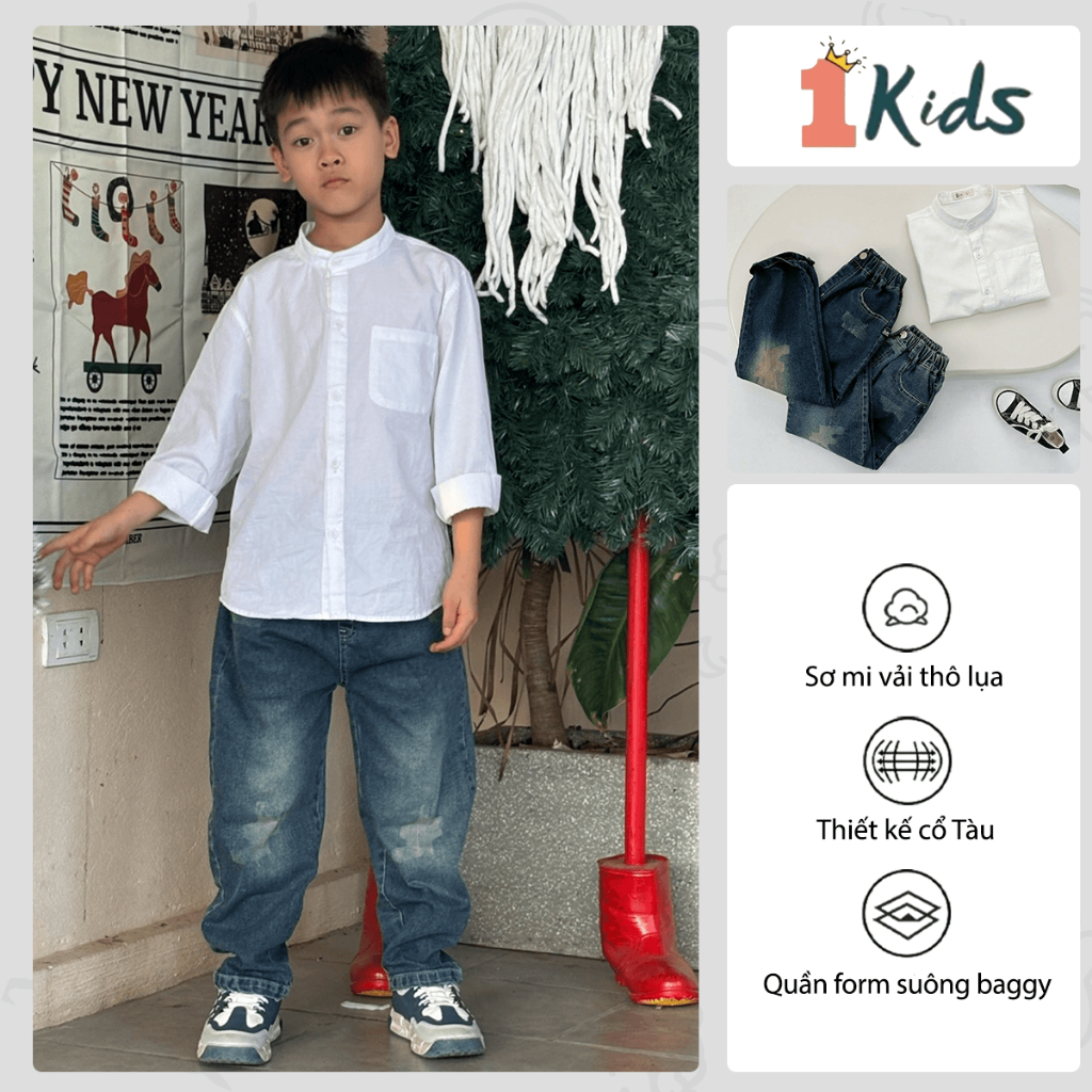 Onekids Set เสื้อไหมพรมดิบคอจีน & Baggy Jeans สําหรับเด็ก สไตล์ Active