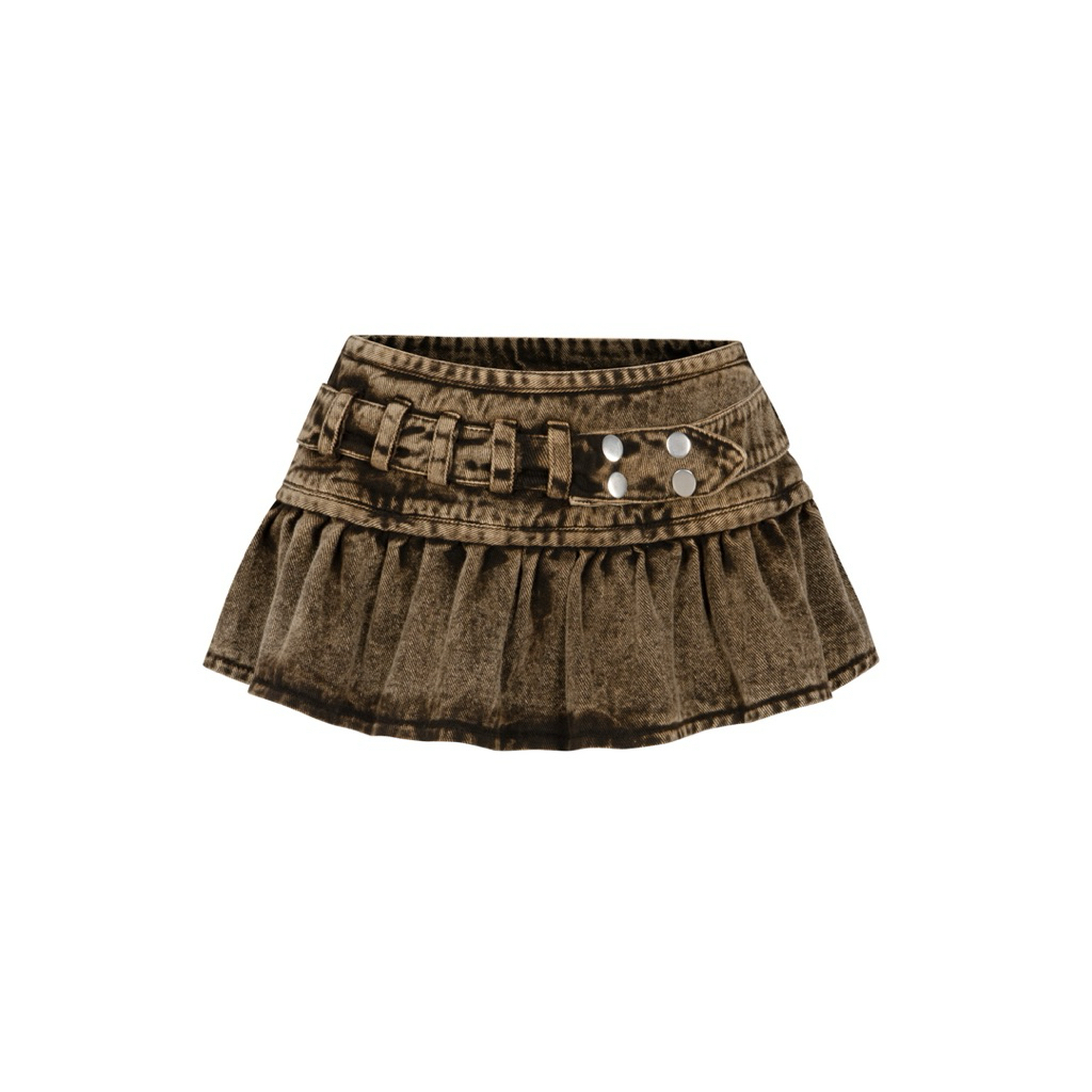 MINI DENIM WASH BROWN SKIRT WITH BELT WITH SILVER BUTTON - ASTERACEAE ของแท้