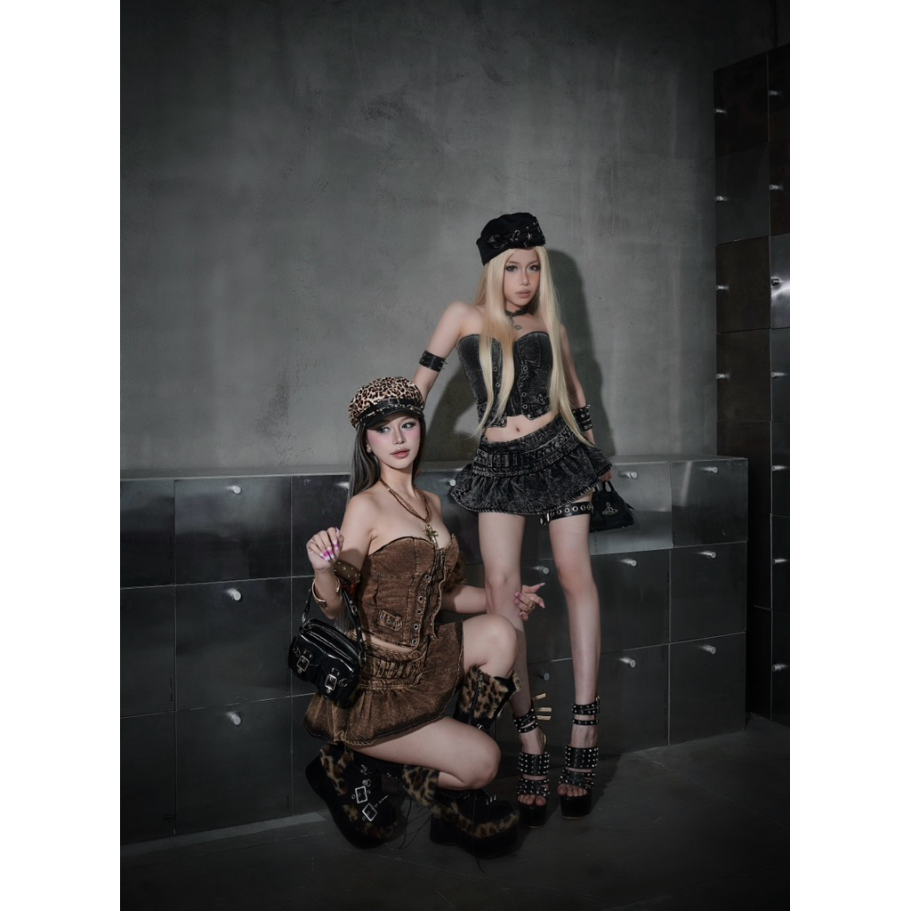 MINI DENIM WASH BROWN SKIRT WITH BELT WITH SILVER BUTTON - ASTERACEAE ของแท้ - รูปที่ 3