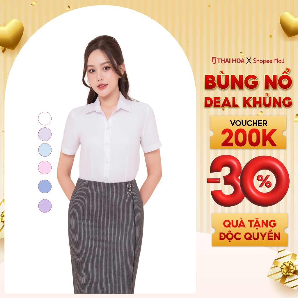 เสื้อเชิ้ตแขนสั้นผู้หญิง ASW0301-R05 ผ้าคอตตอนลายทางละเอียด ทรงเข้ารูป สีไทยโฮอา