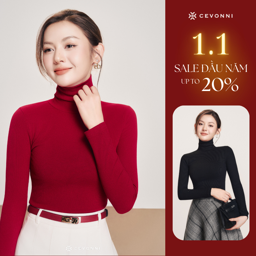 CEVONNI เสื้อคอเต่าแขนยาวสีทึบ Bodycon CV9458