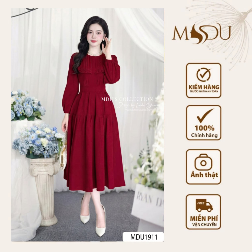 Lady Dress MDU1911 ดีไซน์แขนพัฟ กํามะหยี่คุณภาพสูงจาก MDU K60-D2-2