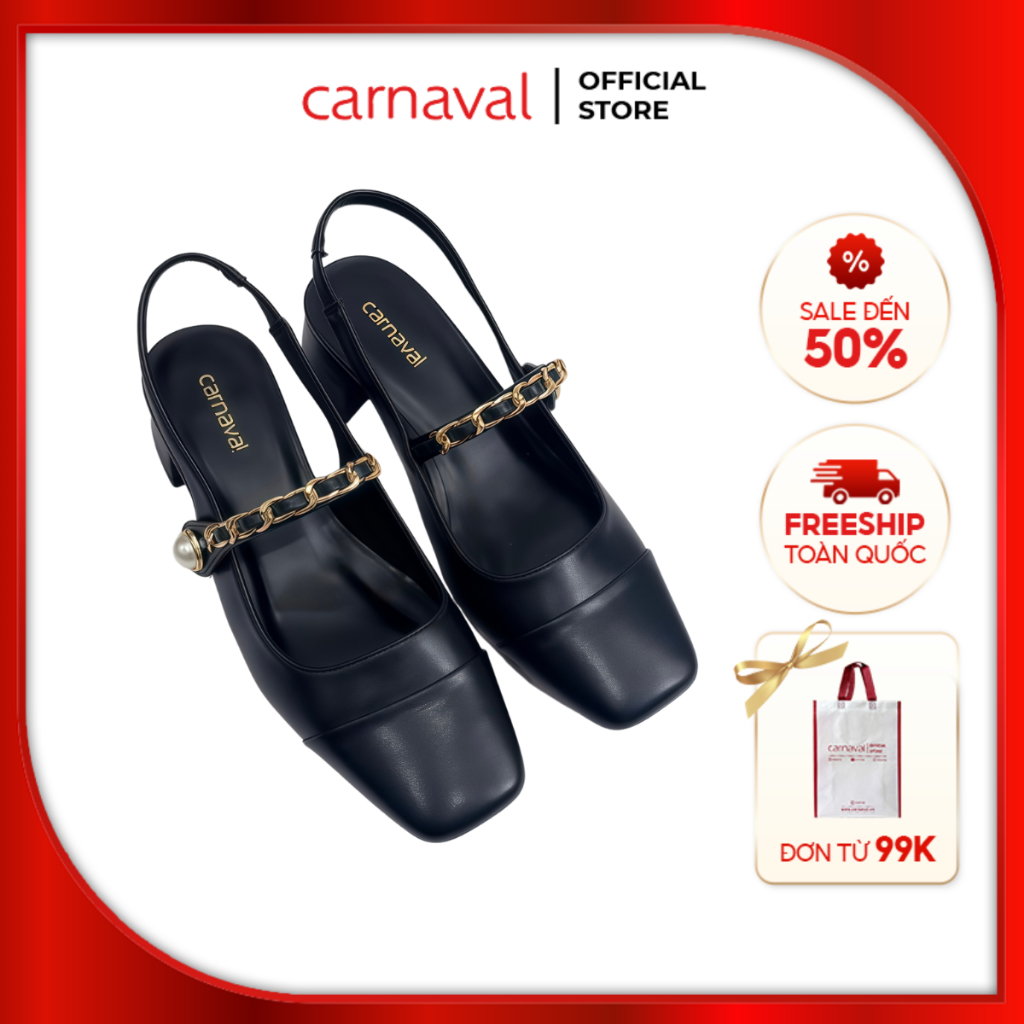 รองเท้าส้นสูงสตรี Carnaval Square Toe Mary Jane พร้อมสายโซ่มุกสุดหรู - VS195