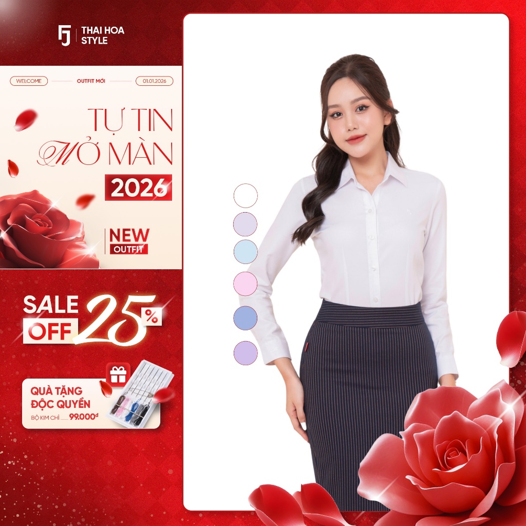 เสื้อเชิ้ตแขนยาวผู้หญิง Thai Hoa ASW0101-R05 ผ้าคอตตอนลายทางคุณภาพสูงมีหลากสี