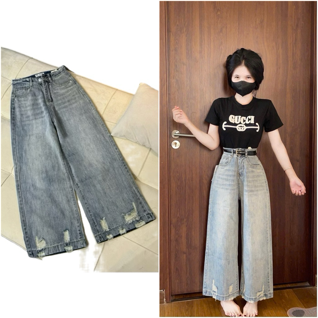 [M1] 95CM - Ripped SMOOTH MUSHROOMS STRAIGHT JEANS UNDERLINE STYLE - STORE BASIC