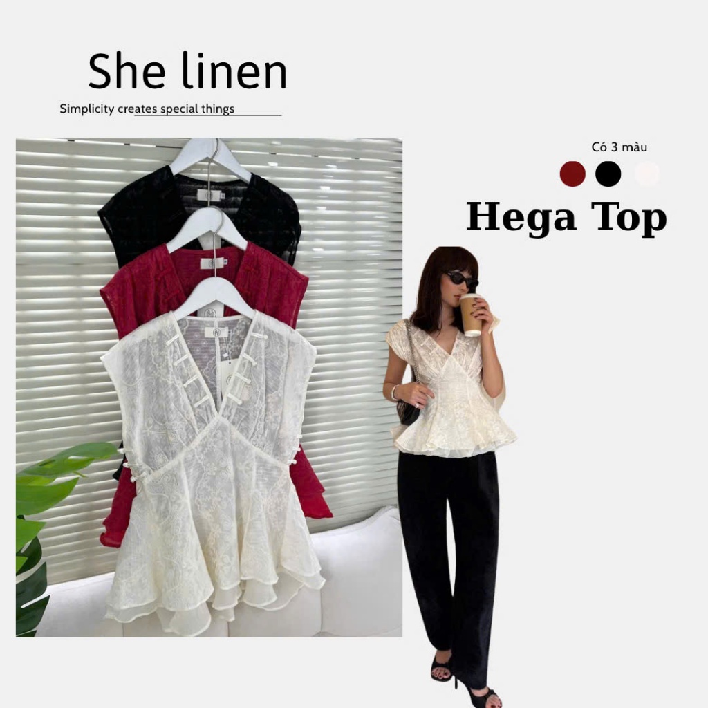 HEGA TOP – She Linen Feminine คอวีลูกไม้ Peplum TOP