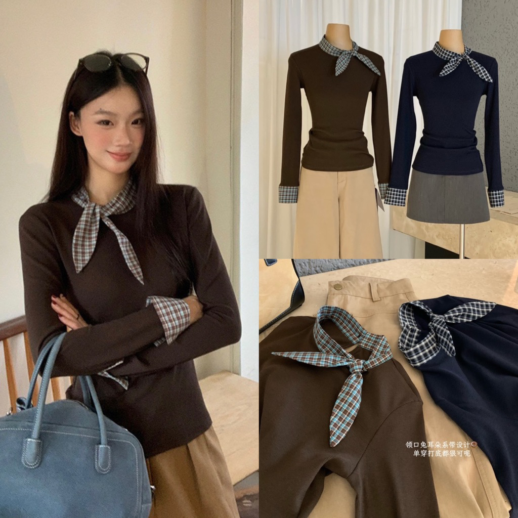 NHY.studio /WGWE/ เสื้อยืดผูกโบว์ลายทาง 8256