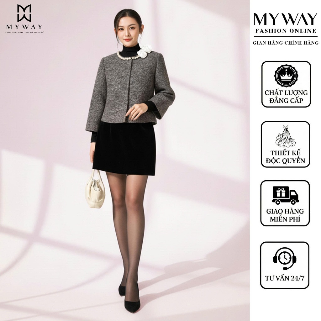 MY WAY เสื้อแจ็คเก็ตราตรีสั้นผู้หญิงแขนบานและคอปกลายดอกไม้หรูหรา 2MBB508H