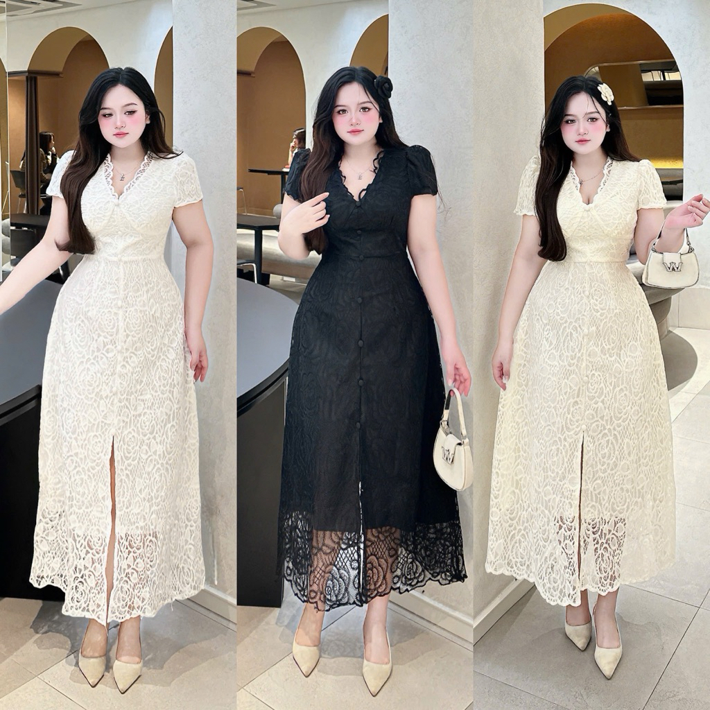 เดรสลูกไม้กุหลาบ 55-90กก. ML XL XXL QUNH NHU BIGSIZE