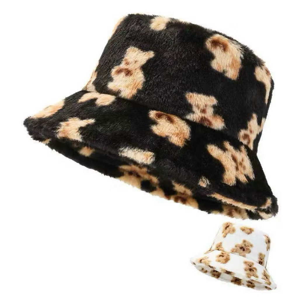 CUTE BEAR PRINTED FUR BUCKET HAT
