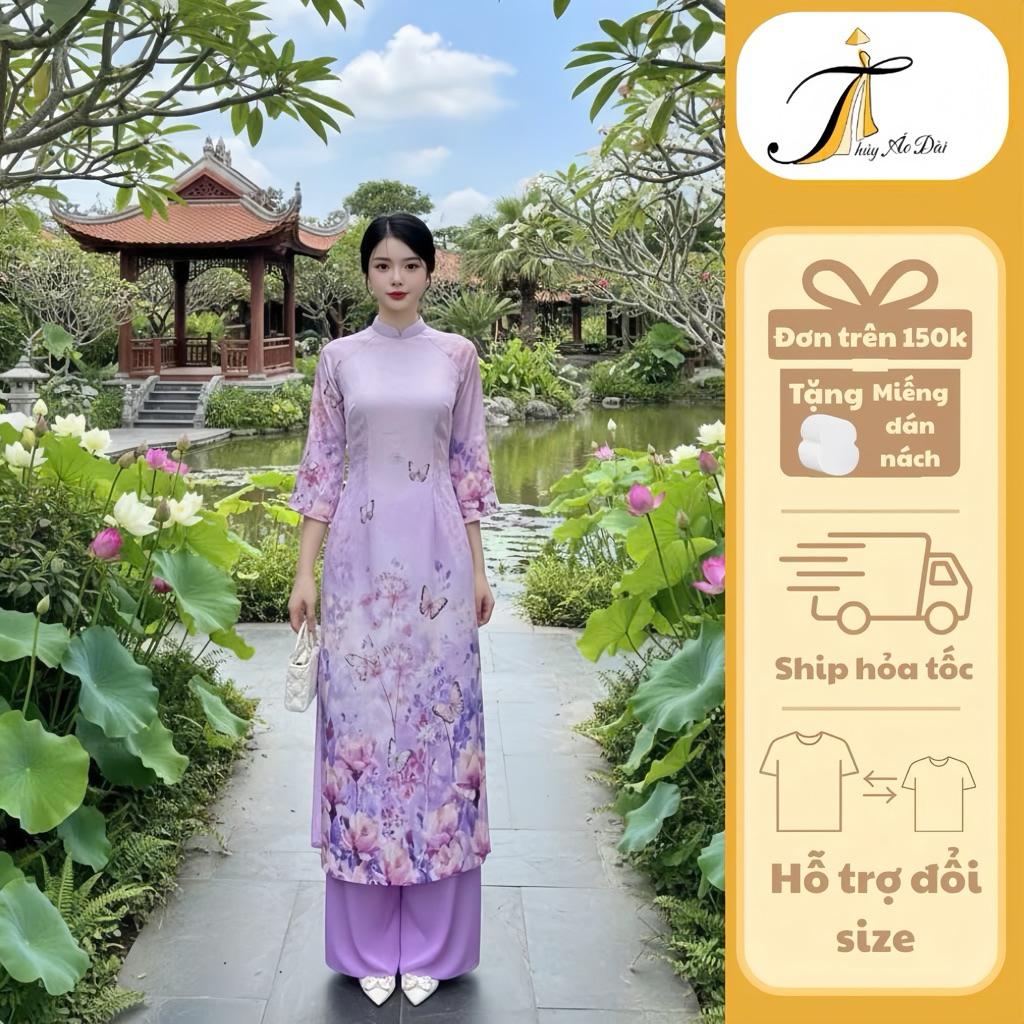 ปกสูงแบบดั้งเดิม Ao Dai พร้อมการพิมพ์ 6D วัสดุ Apricot Damask รหัส AD90 ไซส์ S/M/L/XL/2Xl/3XL