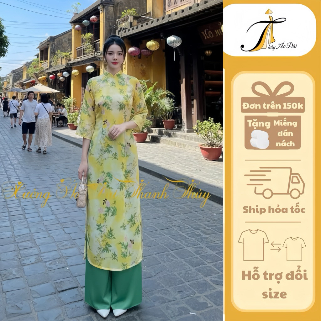 ปกสูงแบบดั้งเดิม Ao Dai พร้อมการพิมพ์ 6D วัสดุ Apricot Damask รหัส AD91 ไซส์ S/M/L/XL/2Xl/3XL