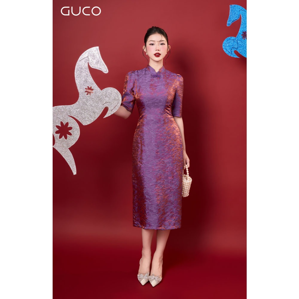 GUCO A-LINE PARTY DRESS WITH TRAIN NECK AND MISSED SLEEVES WITH SPLITTING PATTERNS TO EXACT LOOK - ส