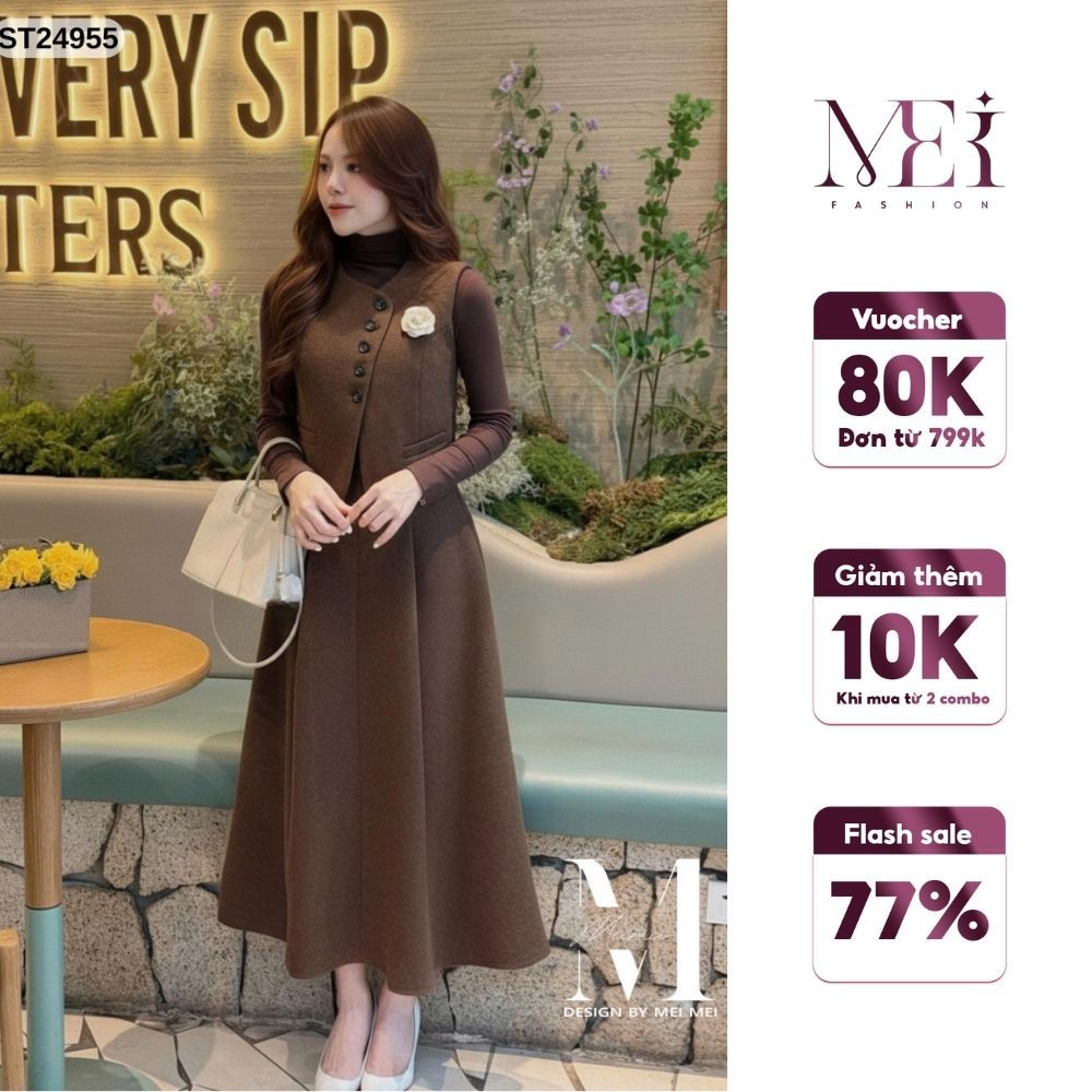 MeiMei ชุดผู้หญิงเสื้อกั๊กคอเต่าพร้อมกระโปรงยาวลายดอกไม้หรูหรา ST24955 Ver3