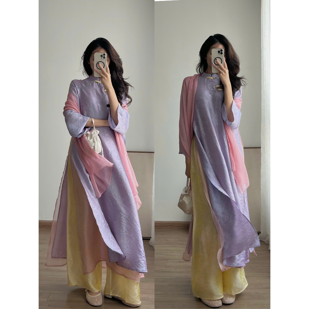 A101 Cam Tu ปุ่มหยก 4 แผง ao dai พร้อมกางเกงผ้าพันคอไหม Audrey