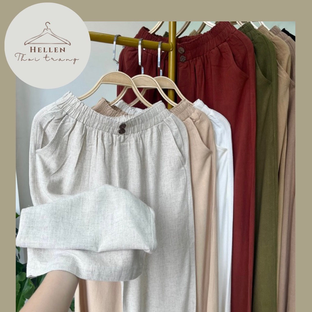 กางเกง LINEN สําหรับผู้หญิง BAMBO ดีไซน์ 2 ปุ่ม ไฟและเอวไฟฟ้ายกระดับ - BAMBO 2 ปุ่ม