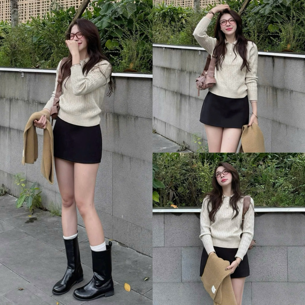 (OLDSCHOOL PHOTO) เสื้อสเวตเตอร์คอโปโลแขนยาวขั้นพื้นฐานปักลาย A1026 AS STUDIO