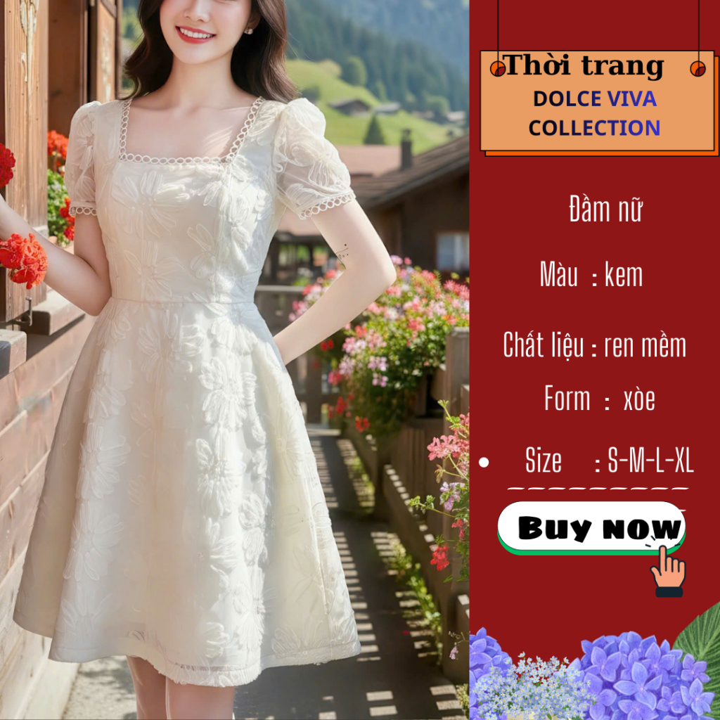 เดรสดีไซน์คอเหลี่ยมบานและยังนิ่ม ลูกไม้ครีมสุดหรู | ชุดเดรสปาร์ตี้ DCV 5923