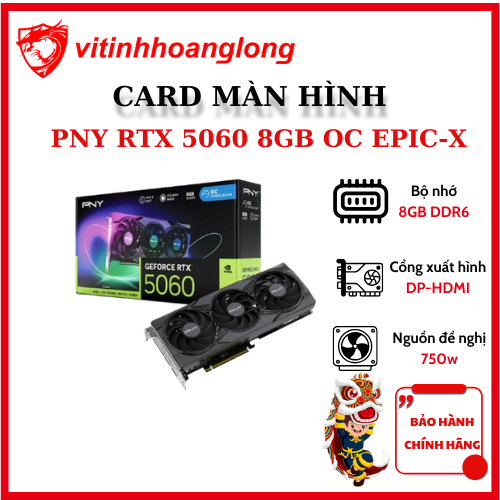 PNY GeForce RTX 5060 8GB Epic-X ARGB OC 3 การ์ดวิดีโอพัดลม - 36 เดือน