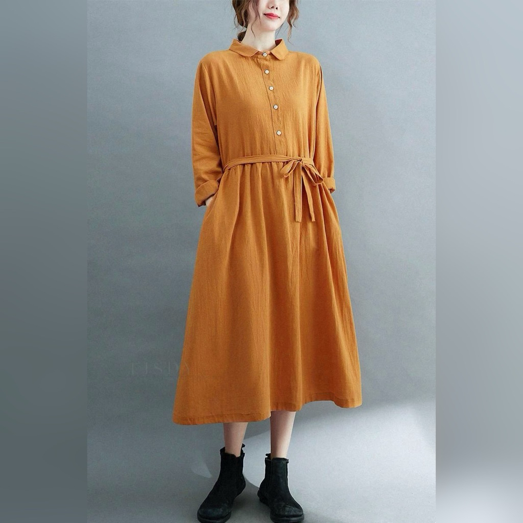 LINEN TIGHT WAIST DRESSคอปกกระทะปีเตอร์หนังวัว